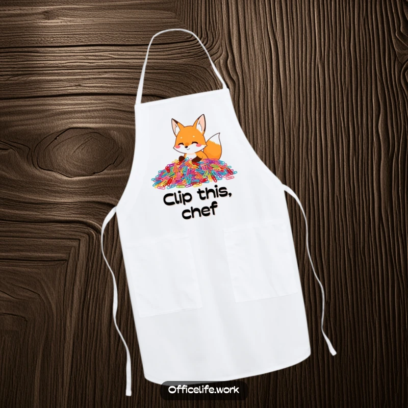 Funny apron with a happy fox enthusiastically sorting a large pile of colorful paper clips, perfect for kitchen or craft activities.
