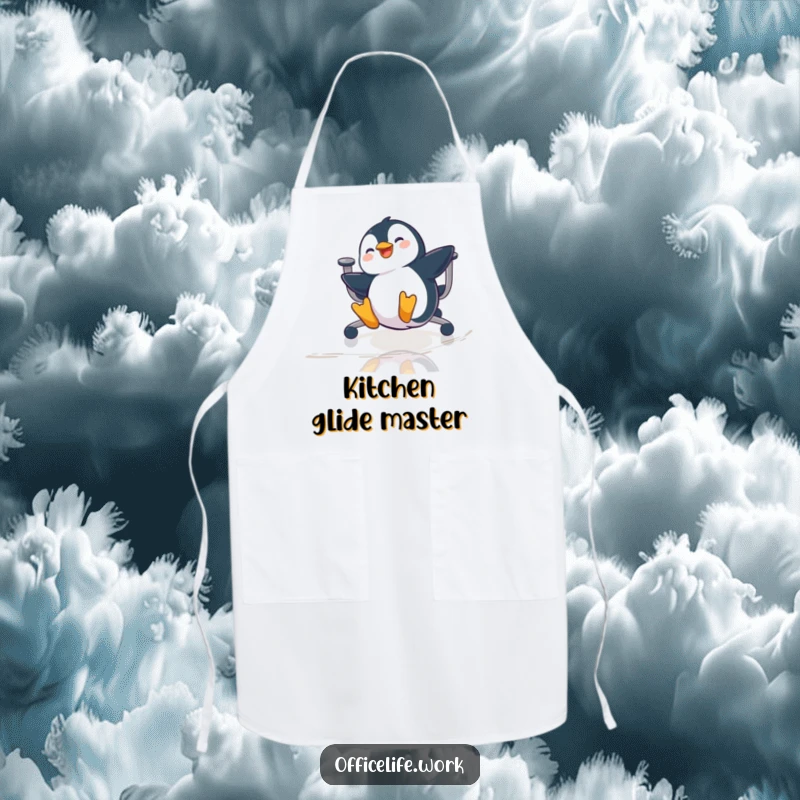 Funny apron featuring a playful penguin gleefully sliding on an office chair across a polished floor while cooking.