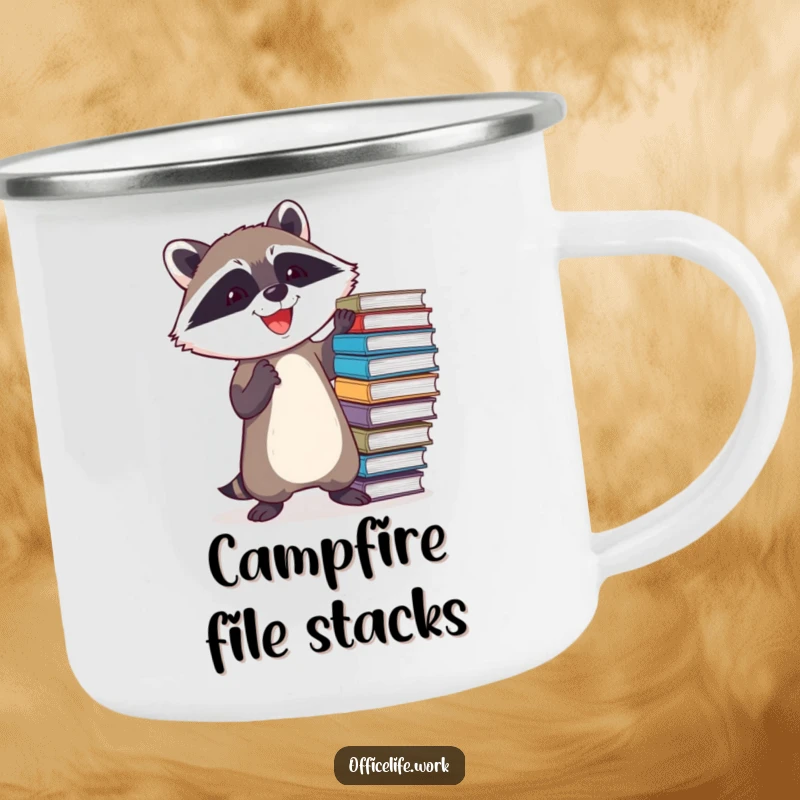 Funny camping mug with a determined raccoon joyfully balancing a teetering stack of files, durable and humorous for outdoors.