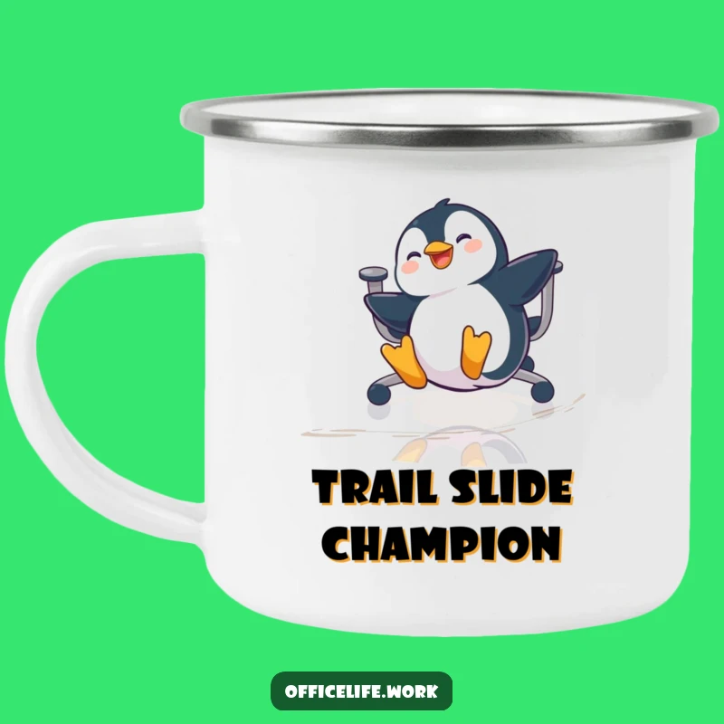Funny Penguin Office Chair Sliding Camping Mug, Durable and Hilarious Outdoor Gear