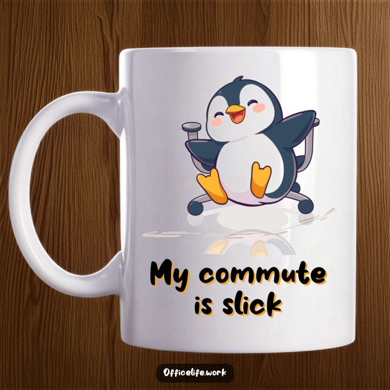 Funny mug showing a playful penguin gleefully sliding across a polished office floor on a rolling chair with pure joy.