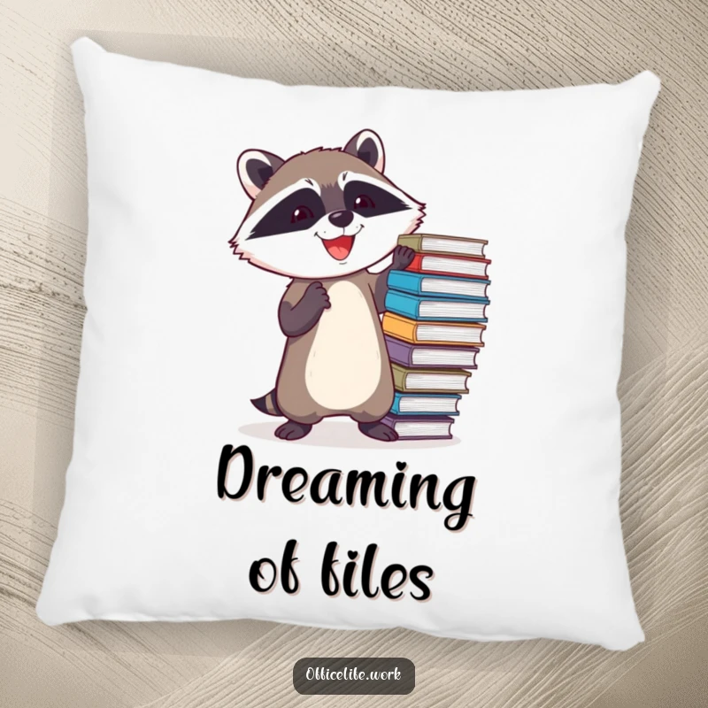 Funny pillow featuring a determined raccoon joyfully balancing a teetering stack of files, plush and amusing.