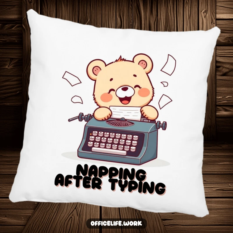 Funny pillow with a cheerful bear cub typing away on a vintage typewriter, papers flying dynamically.