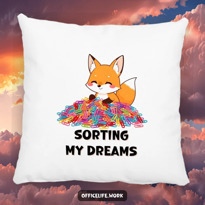 Funny pillow showing a happy fox enthusiastically sorting a giant pile of colorful paper clips, bringing cheerful organization to your space.