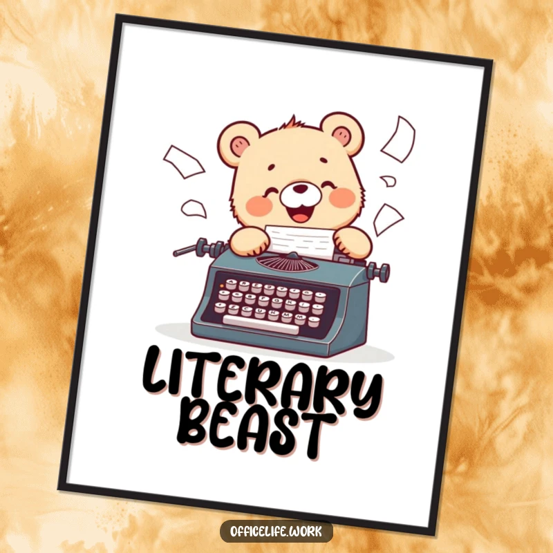 Funny digital art print of a cheerful bear cub excitedly typing on a vintage typewriter, papers scattering.