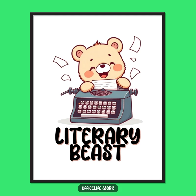 Funny Bear Cub Typist Digital Print: Printable Writer Art, Instant Gift