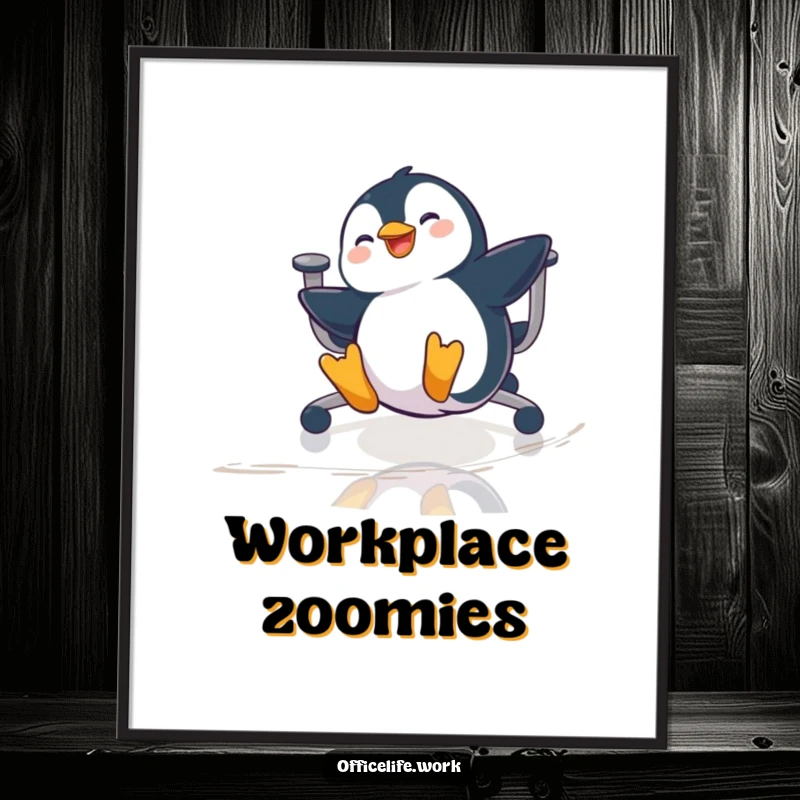 Funny digital art print of a playful penguin gleefully sliding on a chair across a polished office floor, perfect for walls.