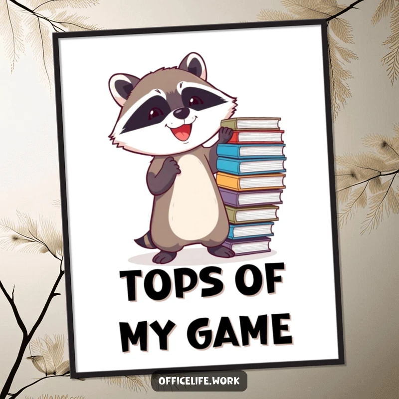Funny digital art print of a determined raccoon joyfully attempting to balance a teetering stack of files, perfect for walls.