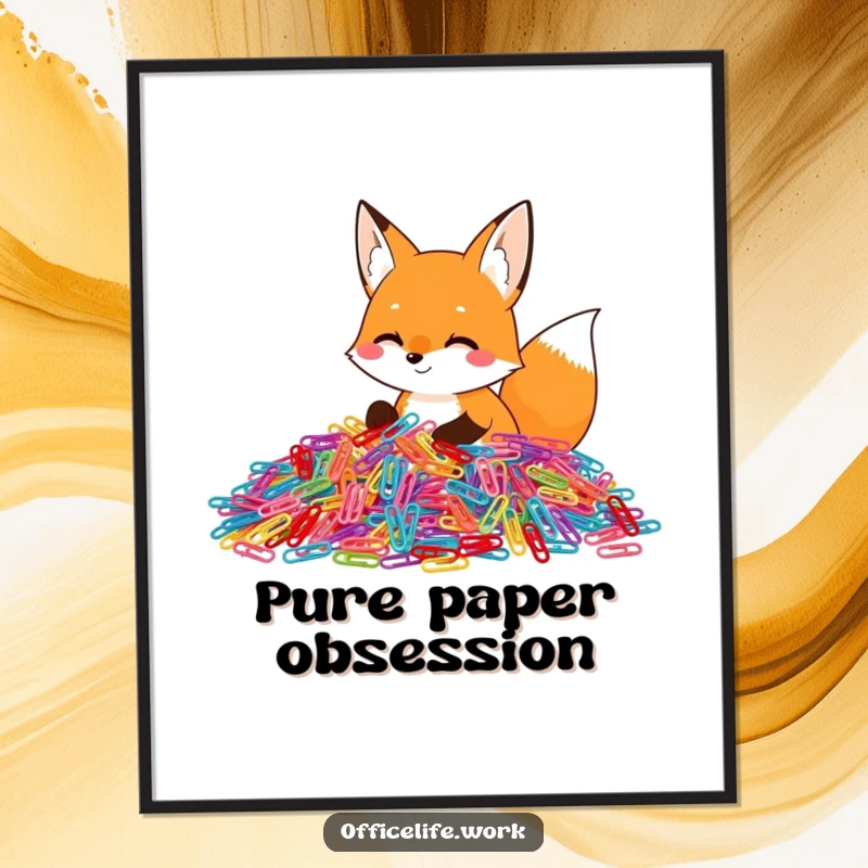 Funny digital art print of a happy fox enthusiastically sorting a huge pile of colorful paper clips, creating lively and humorous wall decor.