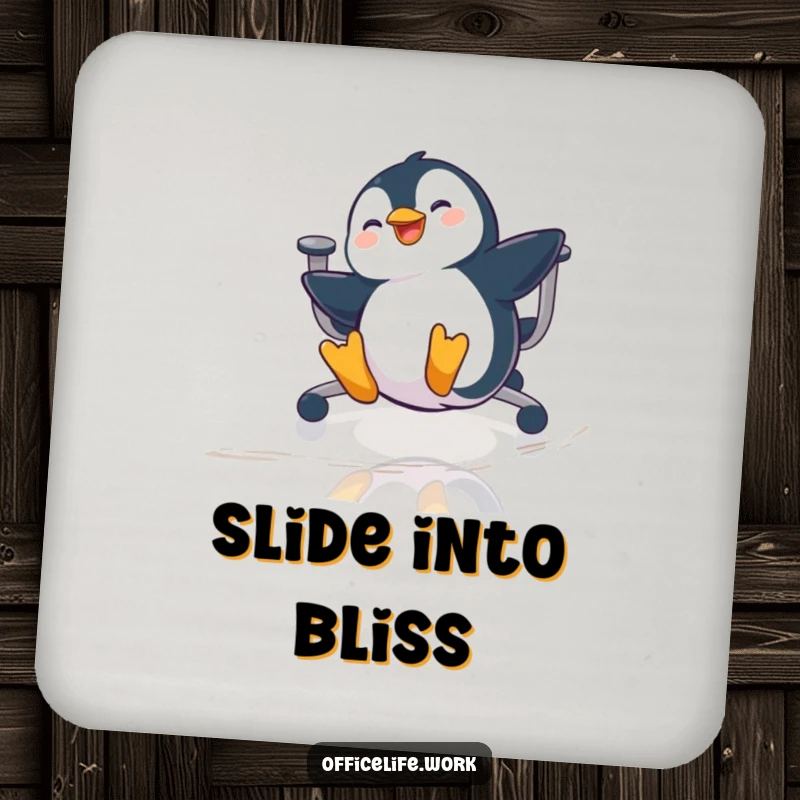 Funny drink coaster depicting a playful penguin gleefully sliding on an office chair across a polished floor, adding humor.