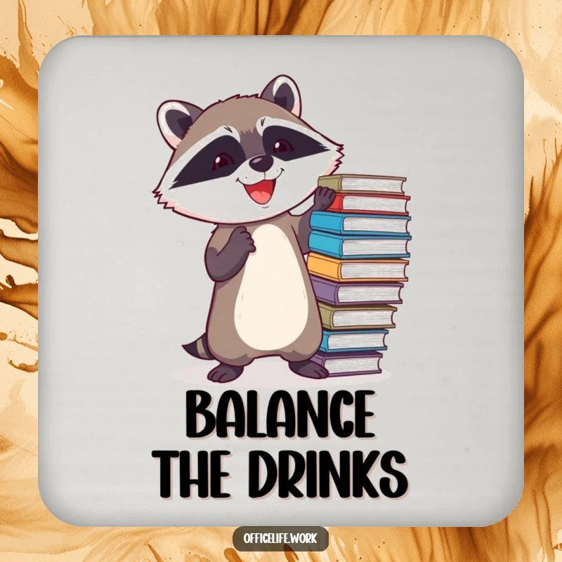 Funny drink coaster depicting a determined raccoon joyfully balancing a teetering stack of files, adding humor to surfaces.