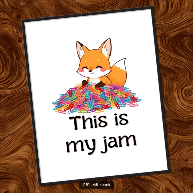 Funny poster depicting a happy fox enthusiastically sorting a huge pile of colorful paper clips, creating a vibrant and joyful office scene.