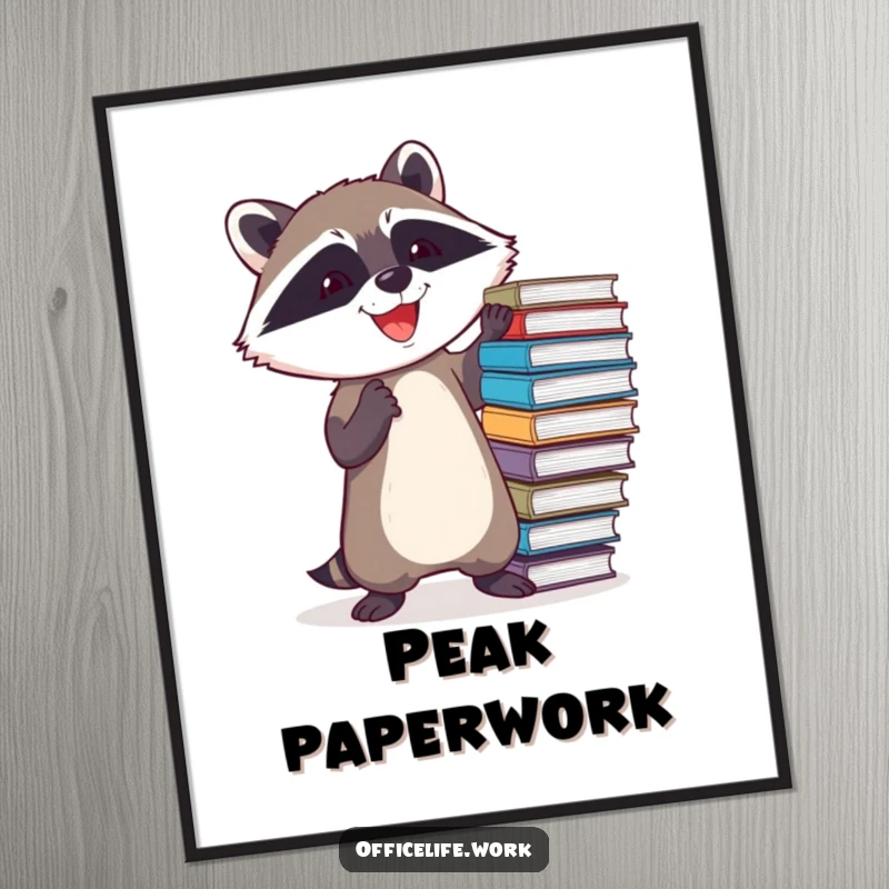 Funny poster showing a determined raccoon joyfully attempting to balance a teetering stack of files, perfect for office decor.