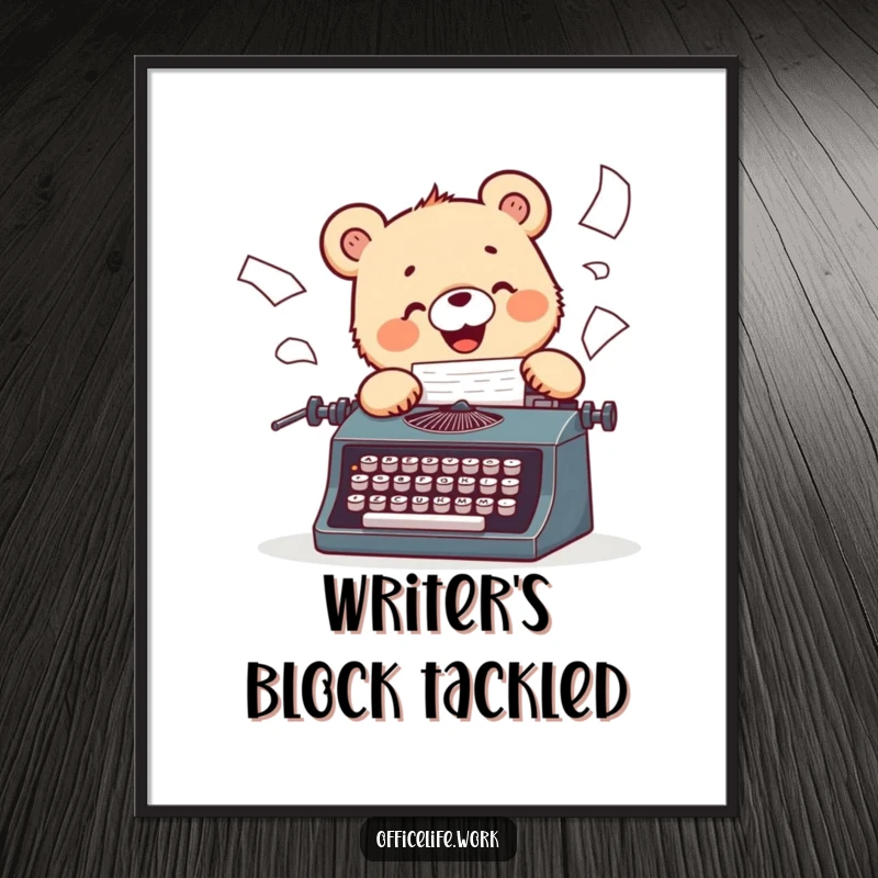 Funny poster print of a cheerful bear cub typing energetically on a vintage typewriter, papers taking flight.
