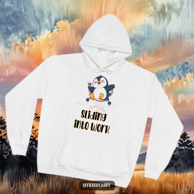 Funny hoodie depicting a playful penguin gleefully sliding on a chair across a polished office floor, showcasing winter fun.