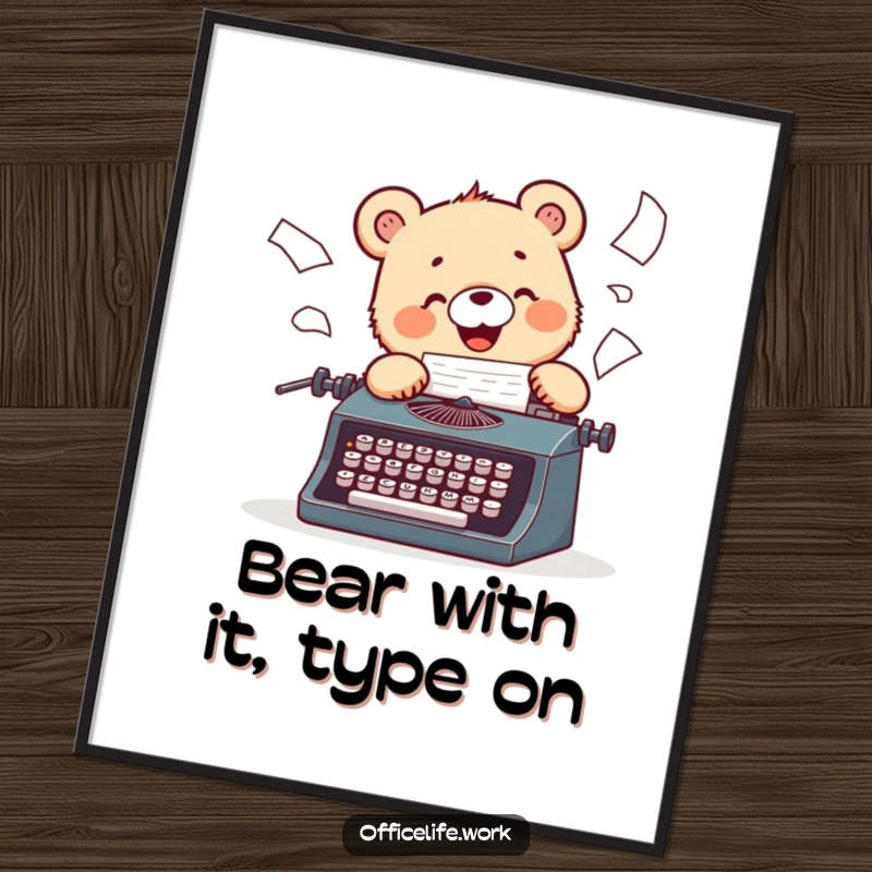 Funny Free Printable Wall Art featuring a cheerful bear cub energetically typing on a vintage typewriter, creating a scene of creative chaos.