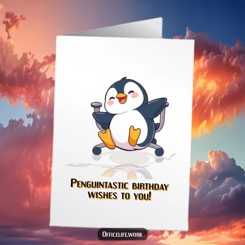 Funny Free Printable Penguin Birthday Card, a playful penguin sliding on an office chair, spreading birthday cheer with humor.