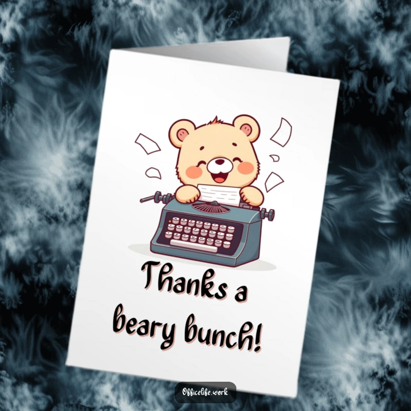 Funny Free Printable Thank You Card showing a cheerful bear cub typing a thank you note on a vintage typewriter.