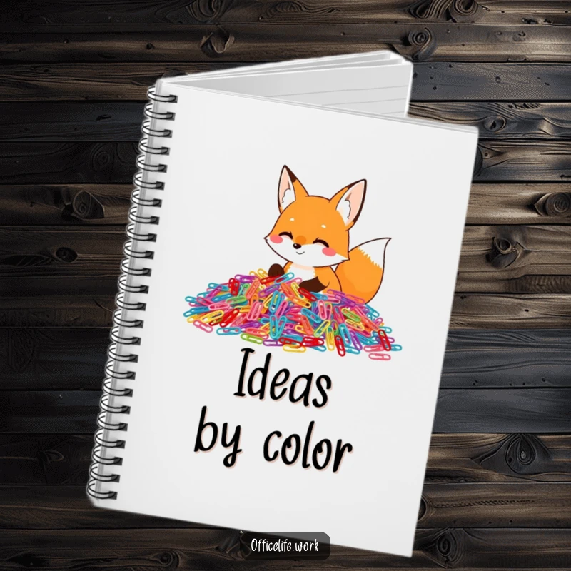 Funny notebook featuring a happy fox enthusiastically sorting a huge pile of colorful paper clips, perfect for jotting down notes.