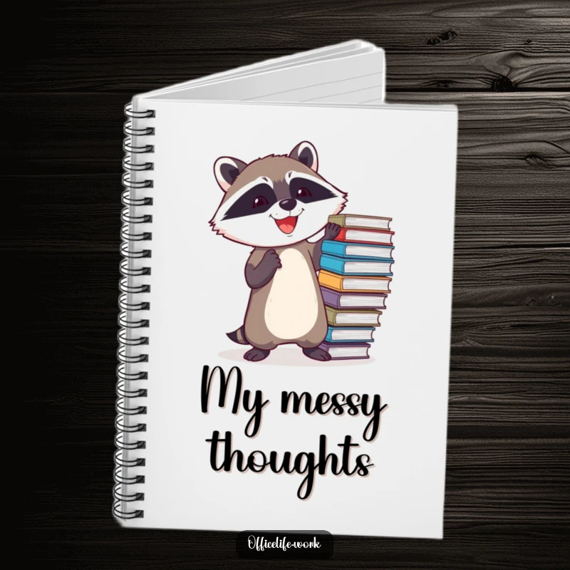 Funny notebook featuring a determined raccoon joyfully balancing a teetering stack of files, perfect for planning and notes.
